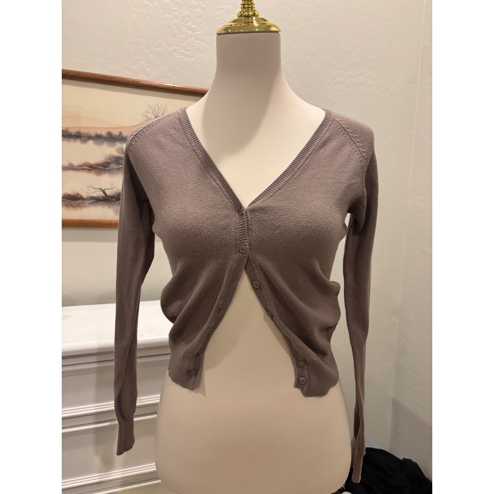 y2k Twenty One Cropped Cardigan Taupe Brown V-Neck Button Up Long Sleeve Sweater